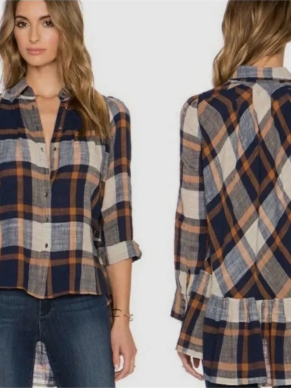 Free People Preppy in Plaid Button Down Shirt with Ruffle Back in Navy and Tan